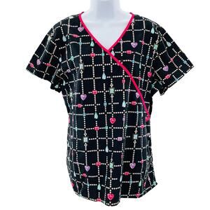 BABY PHAT Black Cotton Gemstones & Pearls Short Sleeve V-neck Tie Back Scrubs XL